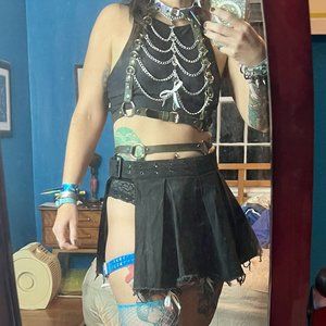 Army Green Leather Chain Spikes Crystals Halter Garter Belt Cuff like Dolls Kill